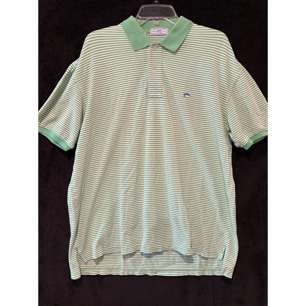Southern Tide Polo Mens 42 Green White Striped Skipjack Logo Cotton 42